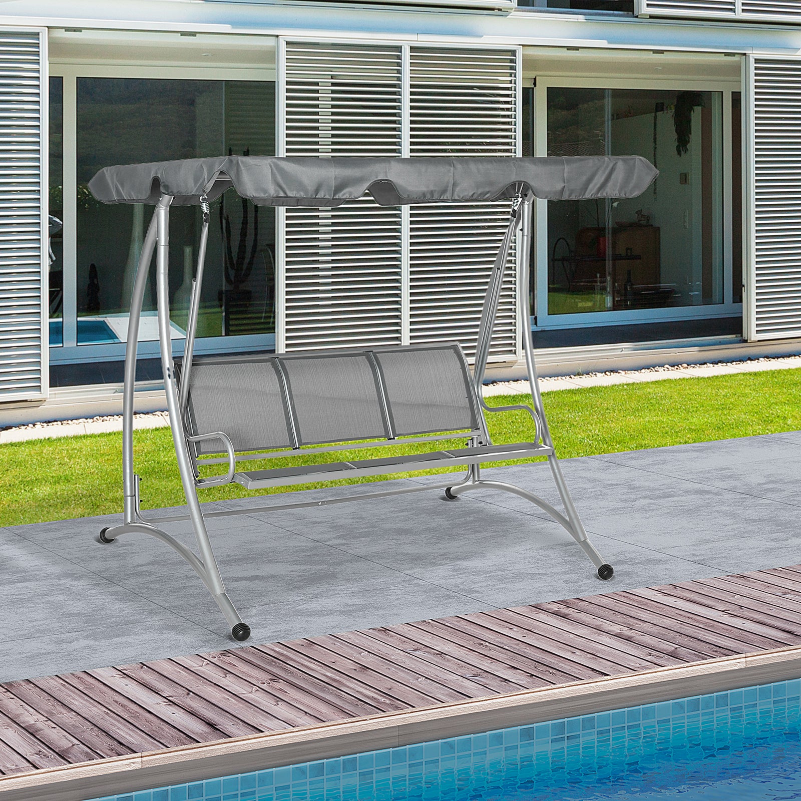 3 Seat Metal Fabric Backyard Balcony Patio Swing Chair | Gray