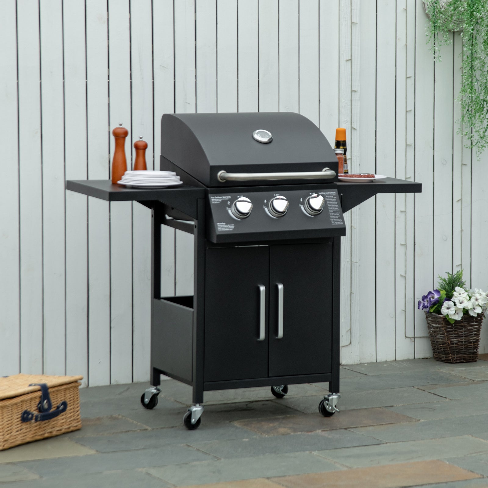 Bbq Grill With Burner, Portable Trolley, Black | Medium