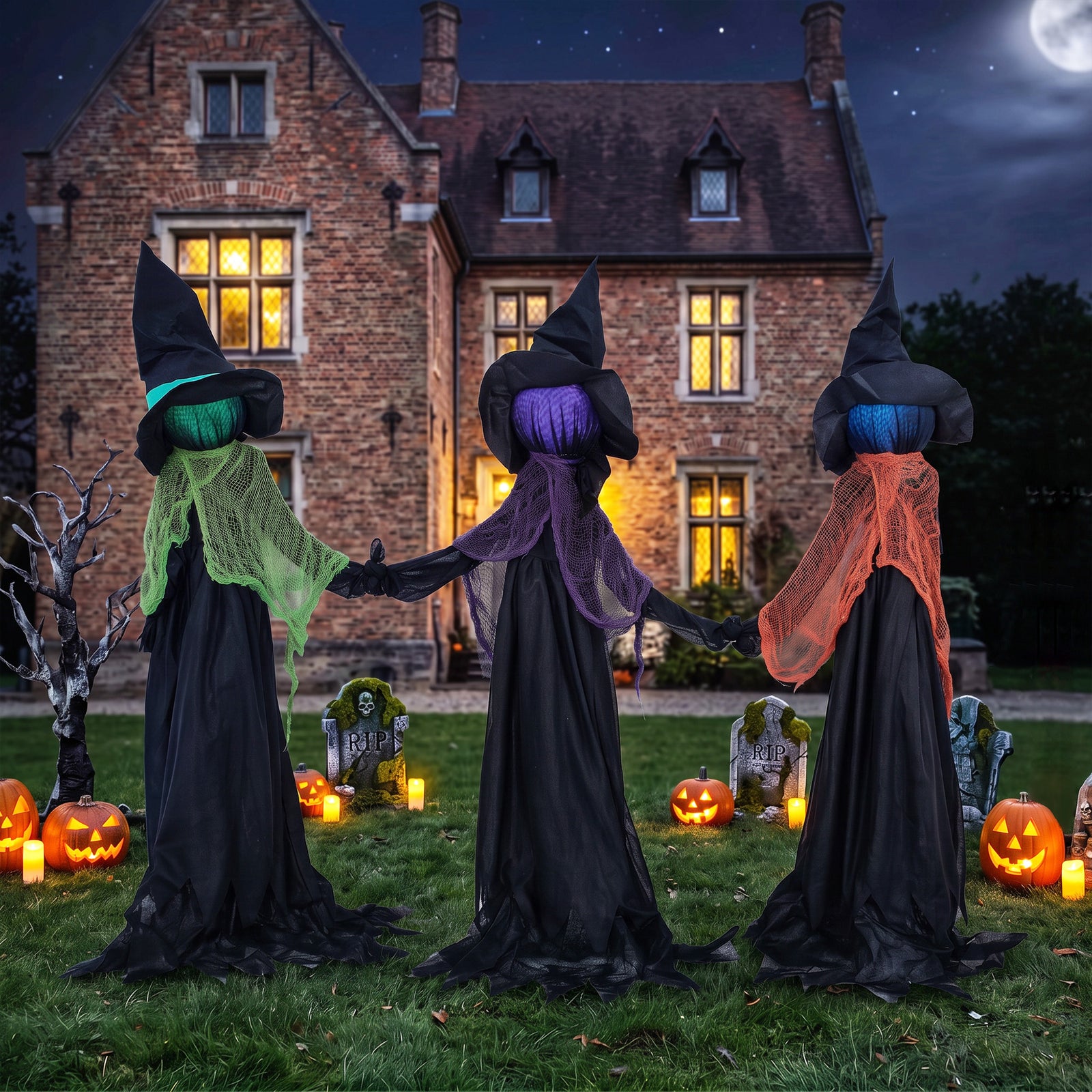 HOMCOM 48" Witches Holding Hands Halloween Decoration Light Up Animated Prop
