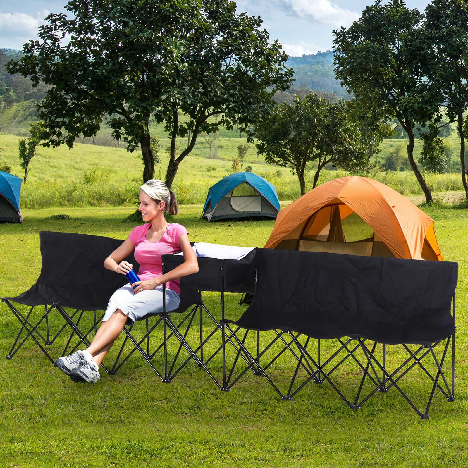 6 Seat Camping Bench Folding Portable Outdoor W/ Cooler Bag | Black