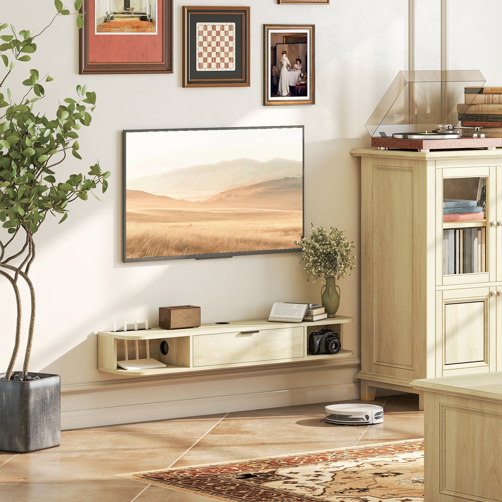 120 Cm Floating Tv Unit With Flip Drawer And Shelves | Natural