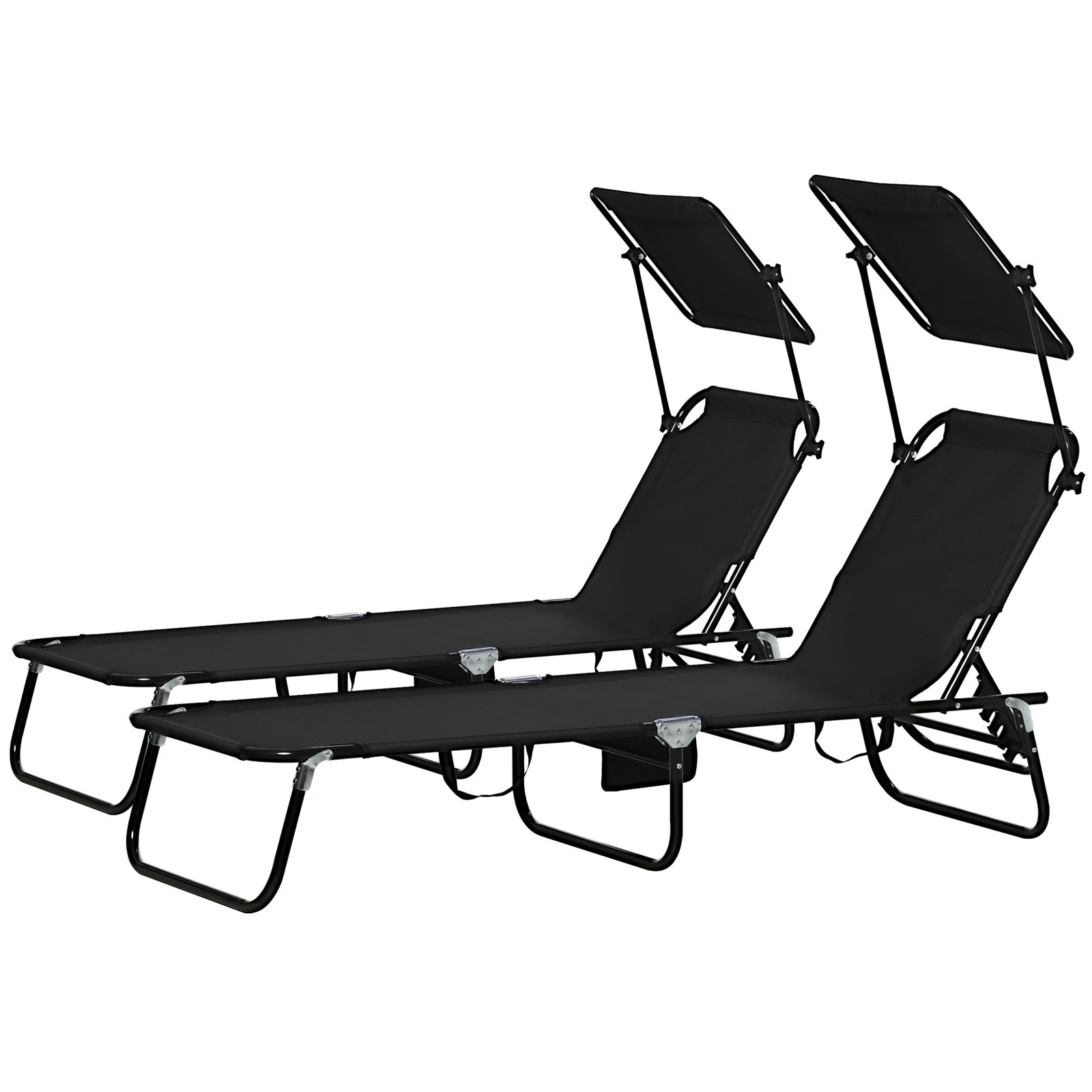 2 Folding Sun Loungers W/ Sunshade - Black