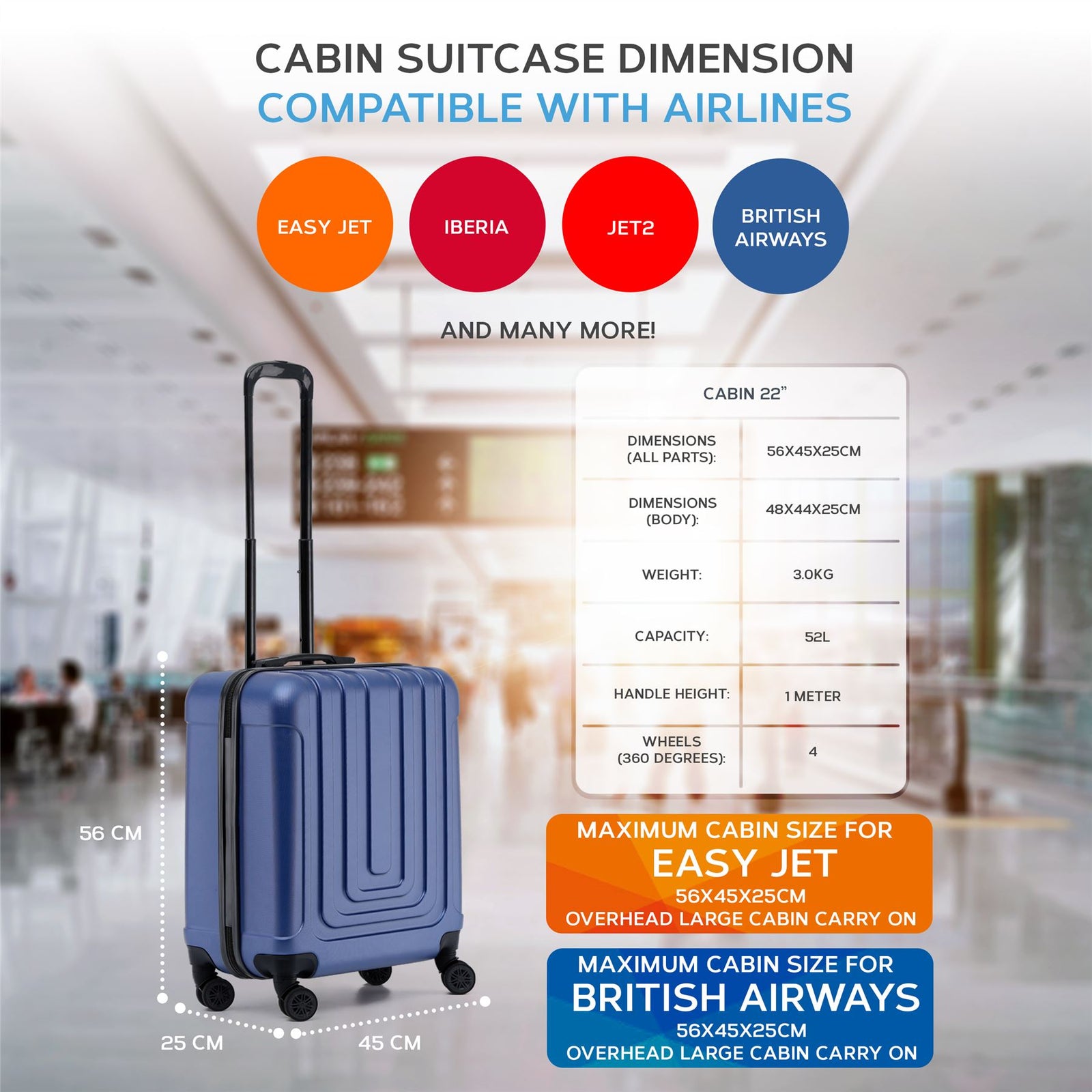 56x45x25cm Large Cabin Carry On Case - Overhead Luggage Suitcase - 4 Spinner Wheels - Abs Hard Shell Cabin Bag | Cabin | Navy Blue