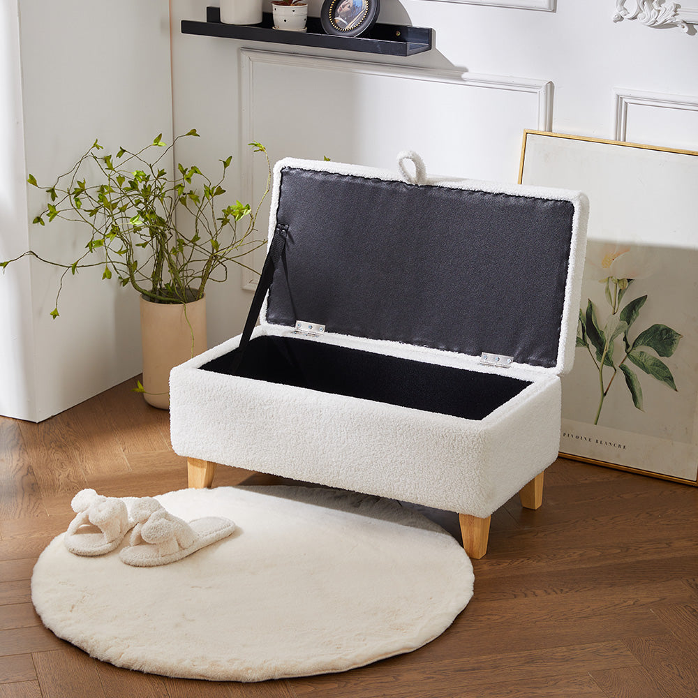 White Teddy Fleece Upholstered Storage Ottoman | Large | White