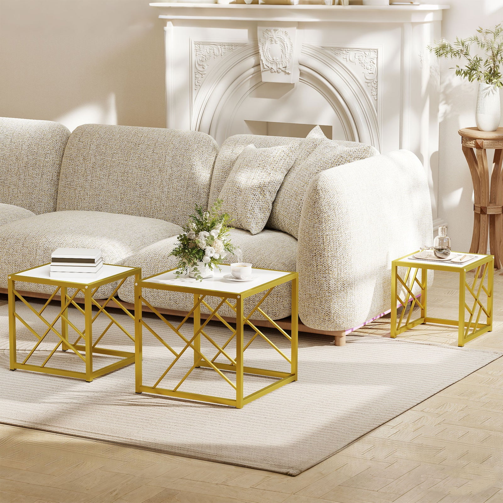 HOMCOM Set Of 3 Nesting Coffee Tables Square End Tables W/ Metal Frame White
