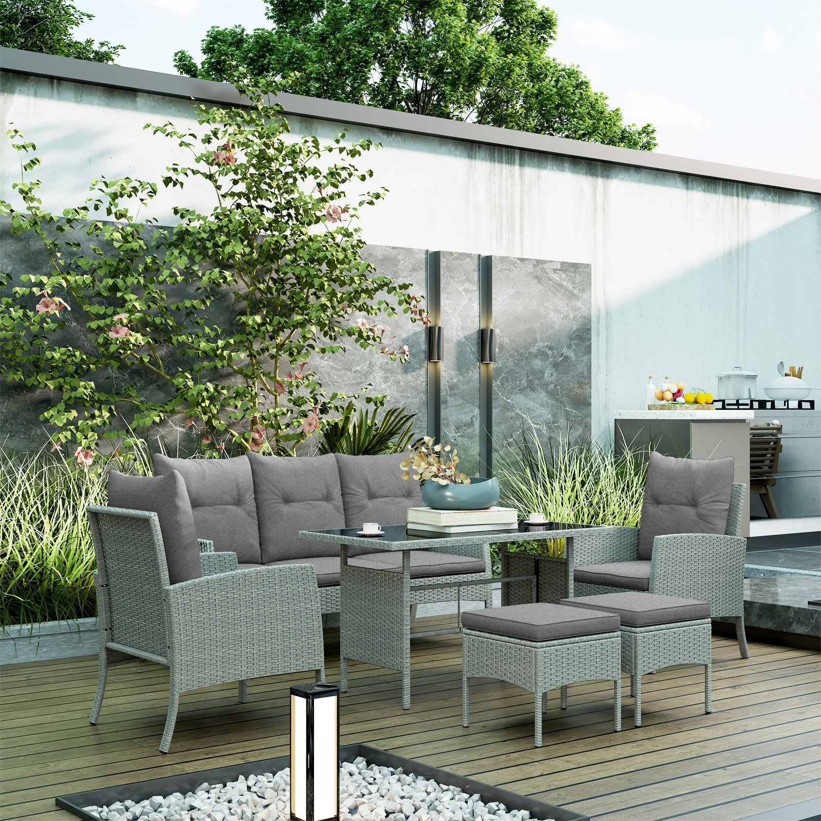 6 Pieces Rattan Garden Furniture Sofa Set, Grey
