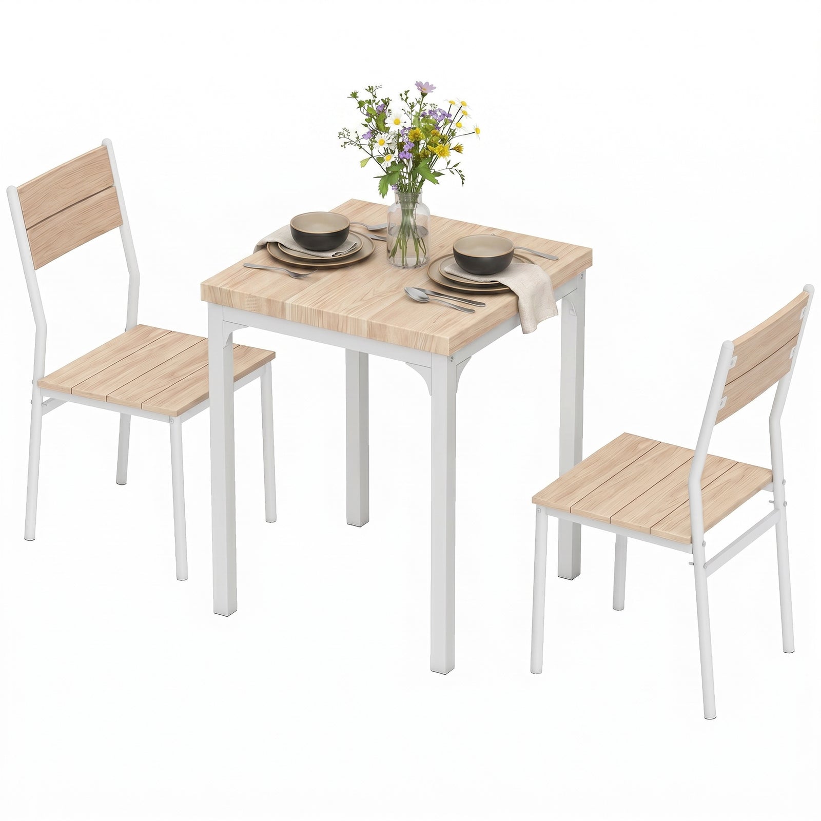3 Pcs Compact Dining Table 2 Chairs Set | Oak