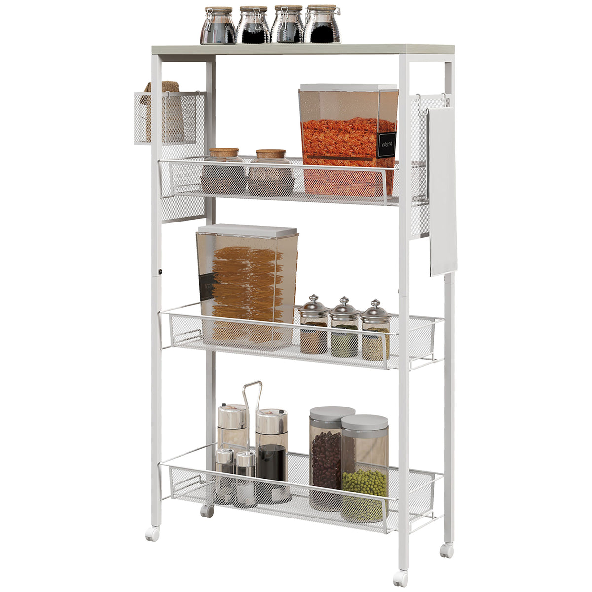 HOMCOM 3-tier Kitchen Cart, Multifunction Kitchen Trolley On Wheels, White