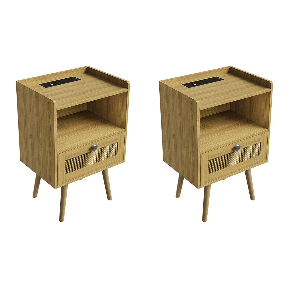 Wooden Nightstand With Charging Station, Bedside Table With Drawer And Open Shelf