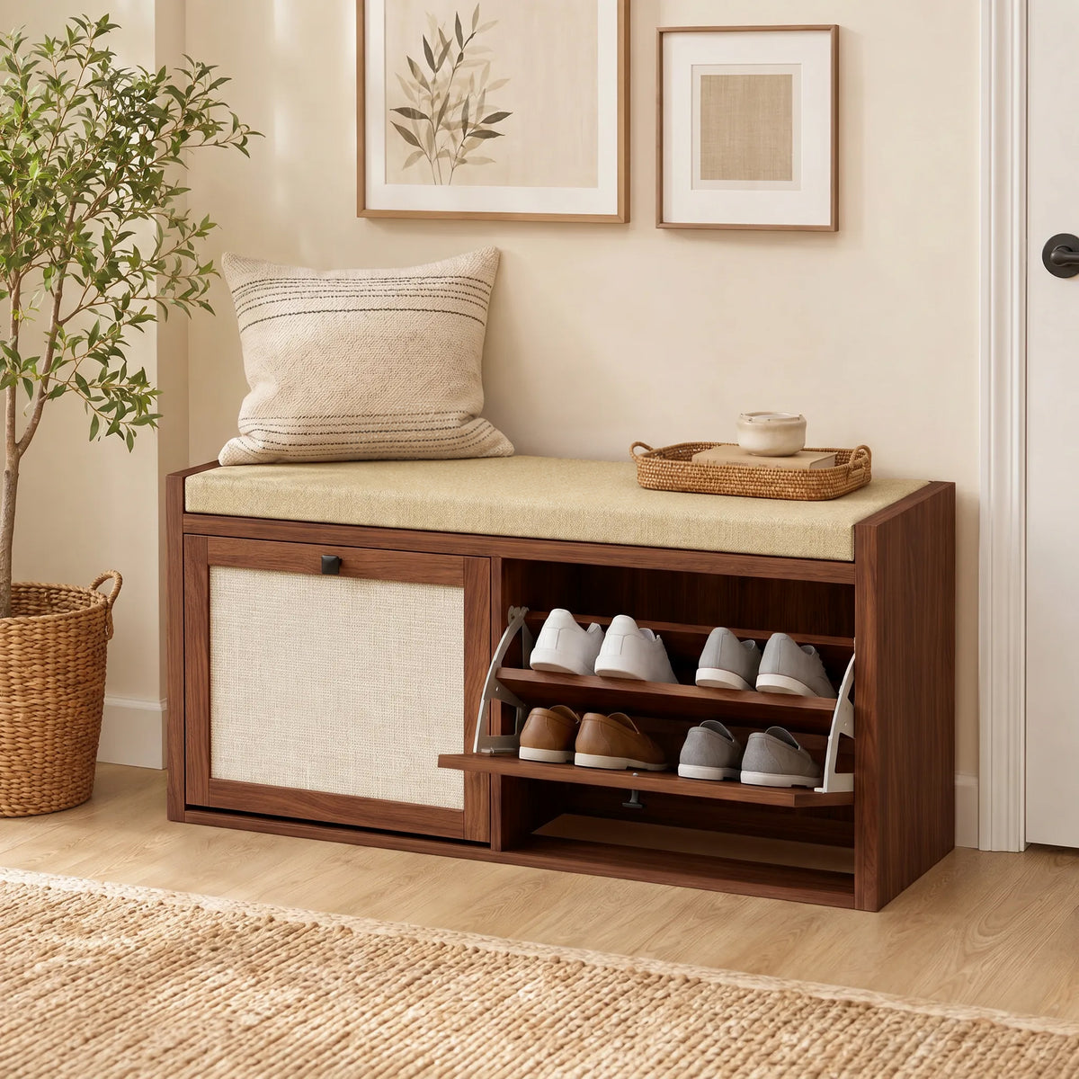 HOMCOM Rattan Shoe Bench With Padded Cushion And 2 Cabinets