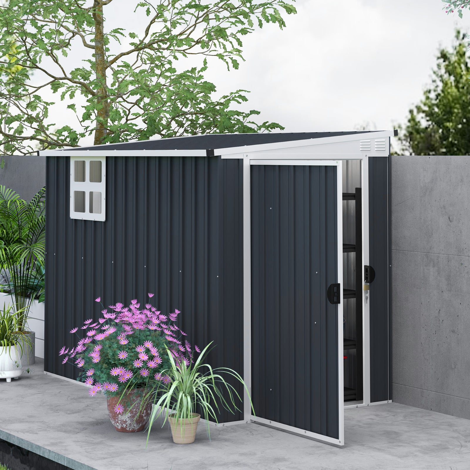 7.6 X 4ft Outdoor Garden Storage Shed With Window | Dark Grey