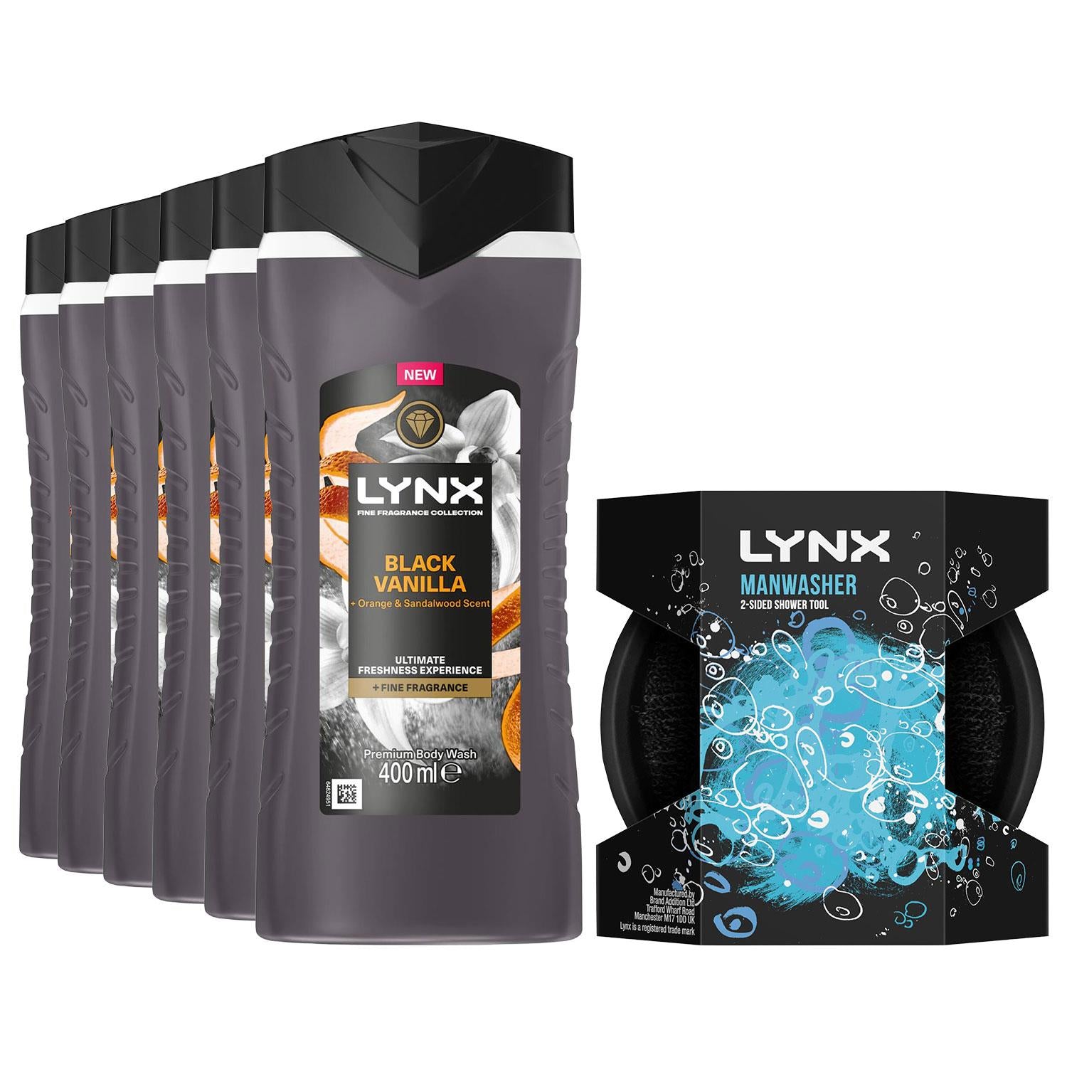 Black Vanilla Bodywash 400ml With 2-sided Manwasher Shower Tool For Men | Set-of-6