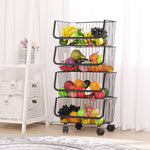 3/4/5 Tier Stackable Rolling Metal Wire Basket Trolley Rack Fruit Vegetable Storage Holder For Kitchen | Medium | Black