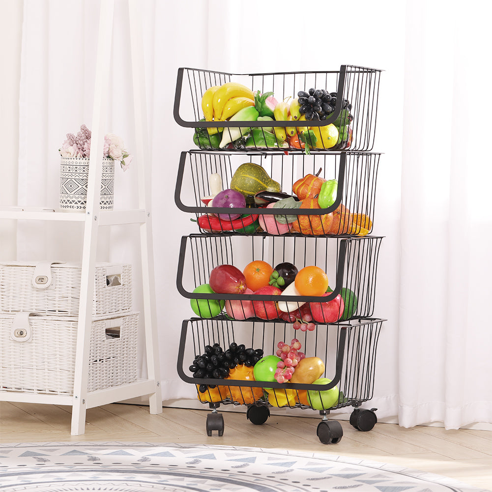 3/4/5 Tier Stackable Rolling Metal Wire Basket Trolley Rack Fruit Vegetable Storage Holder For Kitchen | Medium | Black