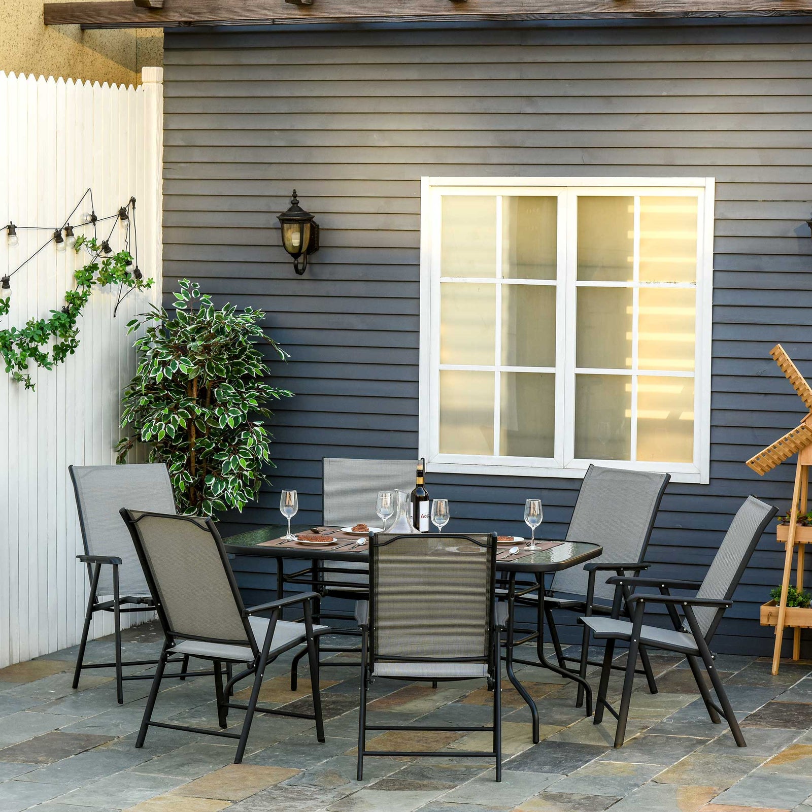 Outdoor Dining Set Steel Frames W/ 4 Chairs Coffee Table | 7 | Gray
