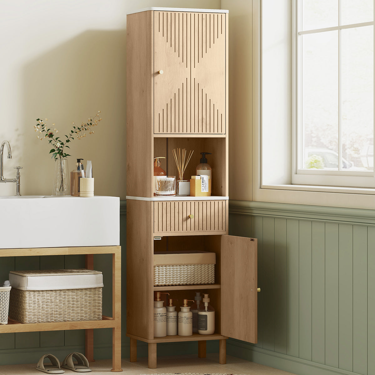HOMCOM 168 Cm Tall Bathroom Cabinet With Drawer And Adjustable Shelves, Oak