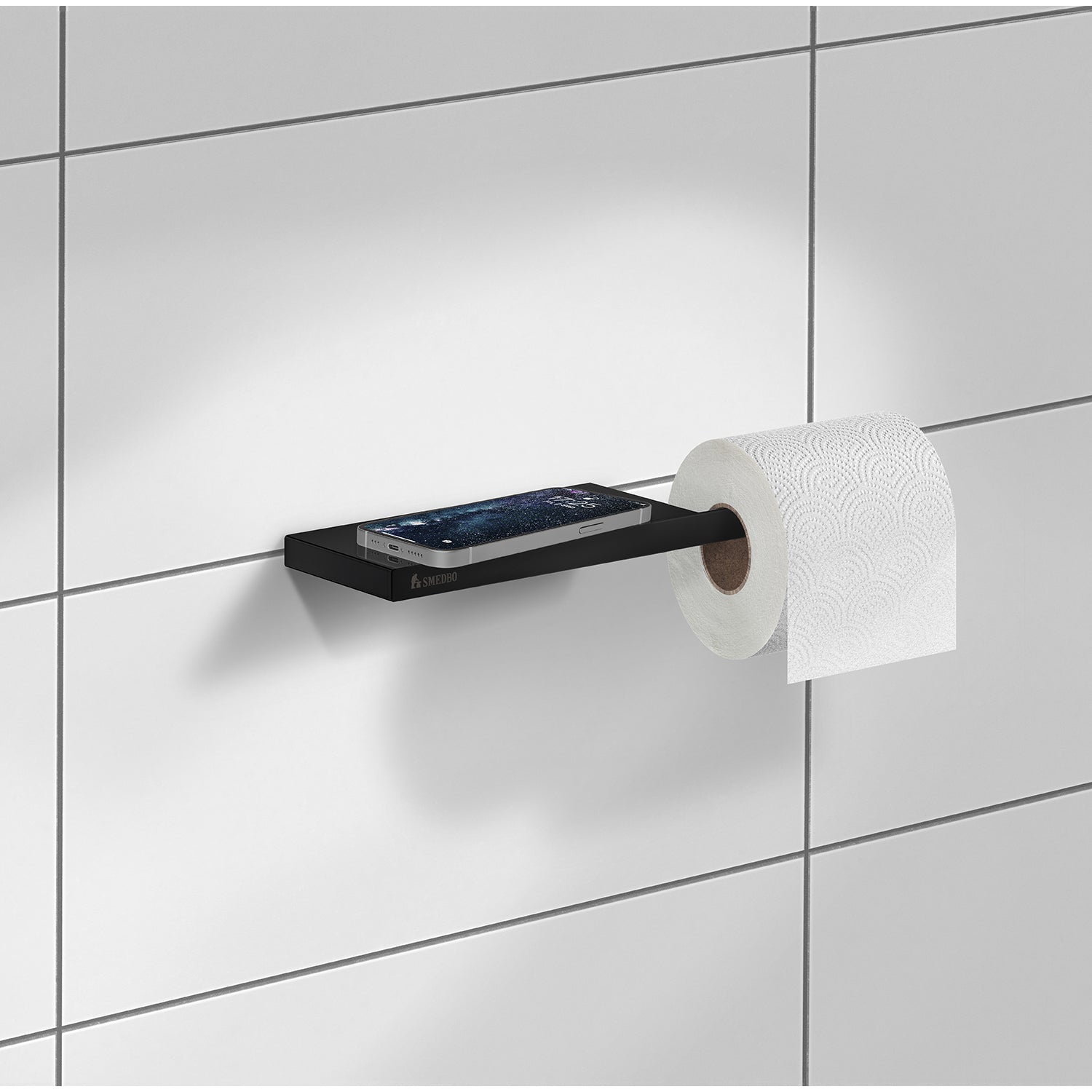 Wall Mounted Toilet Roll Holder With Small Shelf Storage | Black