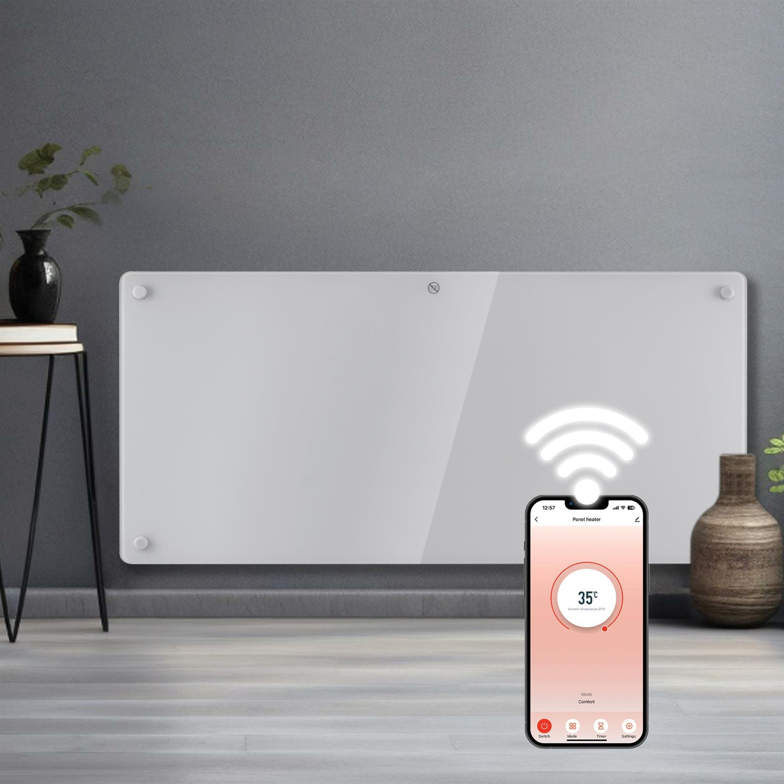 Electric Wifi Glass Radiator Panel Heater White Wall Mounted Or Floor Standing Bathroom Safe Timer And Thermostat | 2000w | White