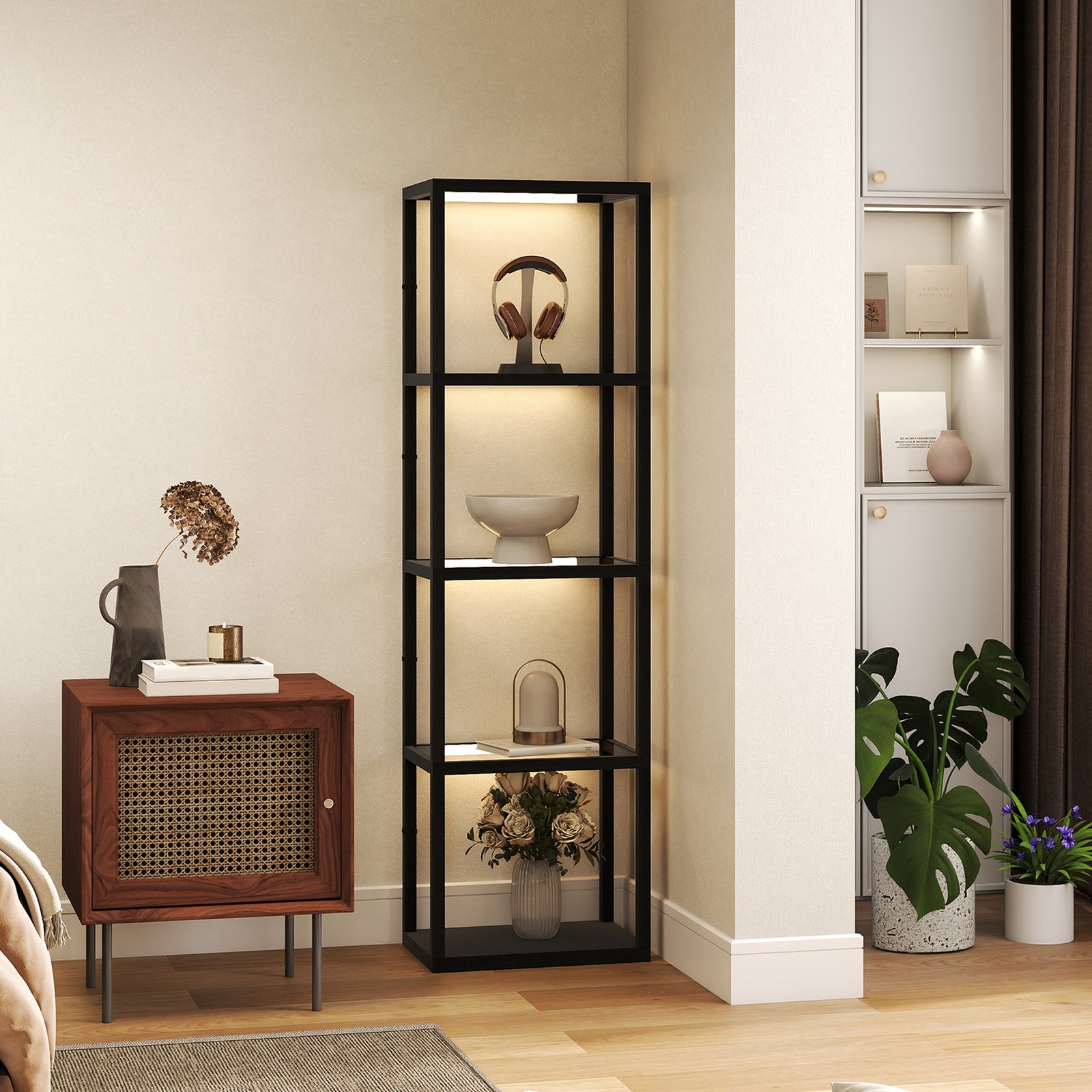 Led Floor Lamp With Glass Shelves, Dimmable Room Lamp | Black