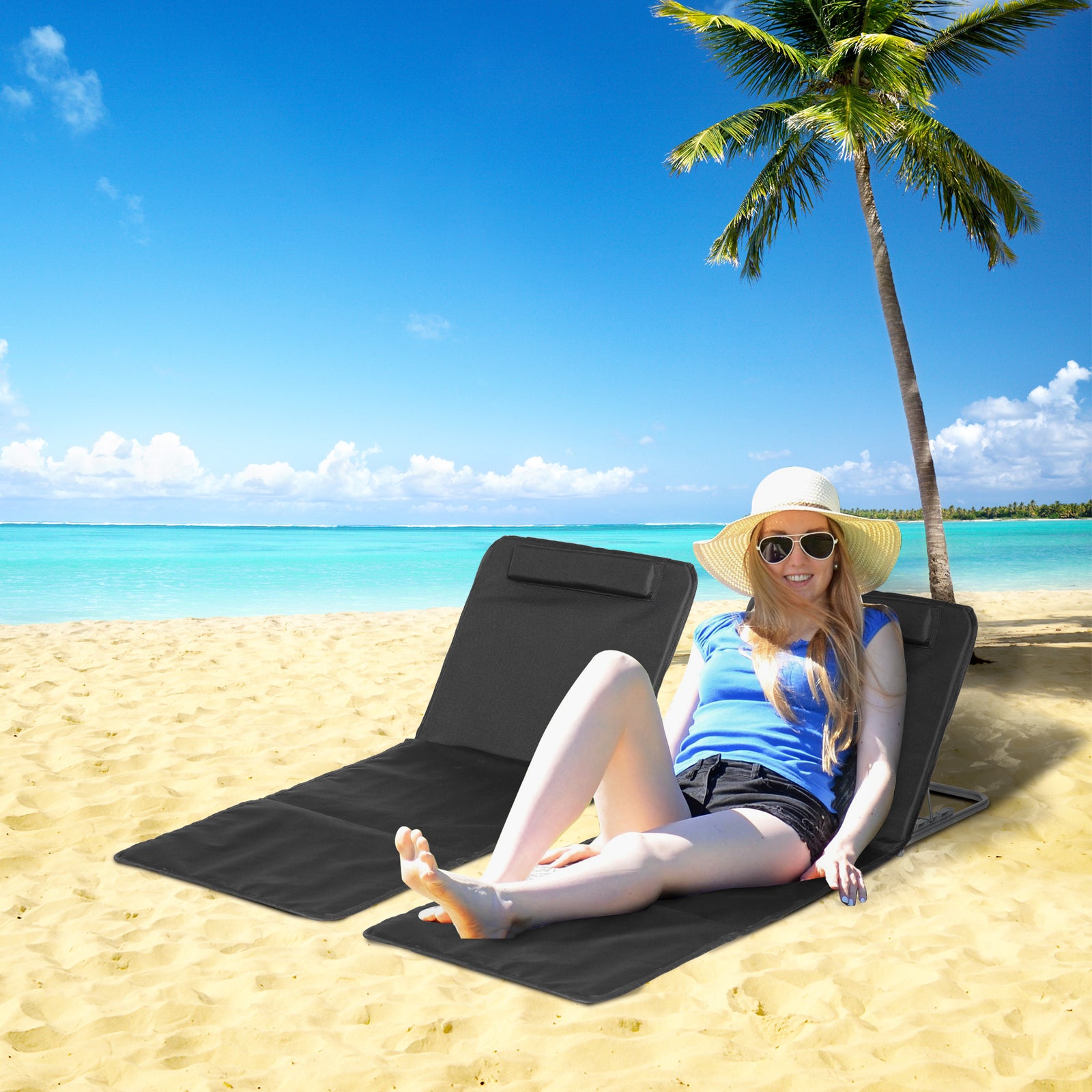 2pc Outdoor Beach Mat Steel Reclining Chair Set W/ Pillow | Black