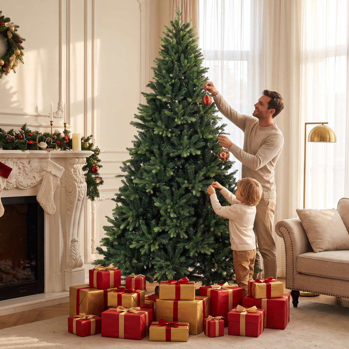HOMCOM 7ft Artificial Christmas Tree, Solid Fir Wood Stand, Green