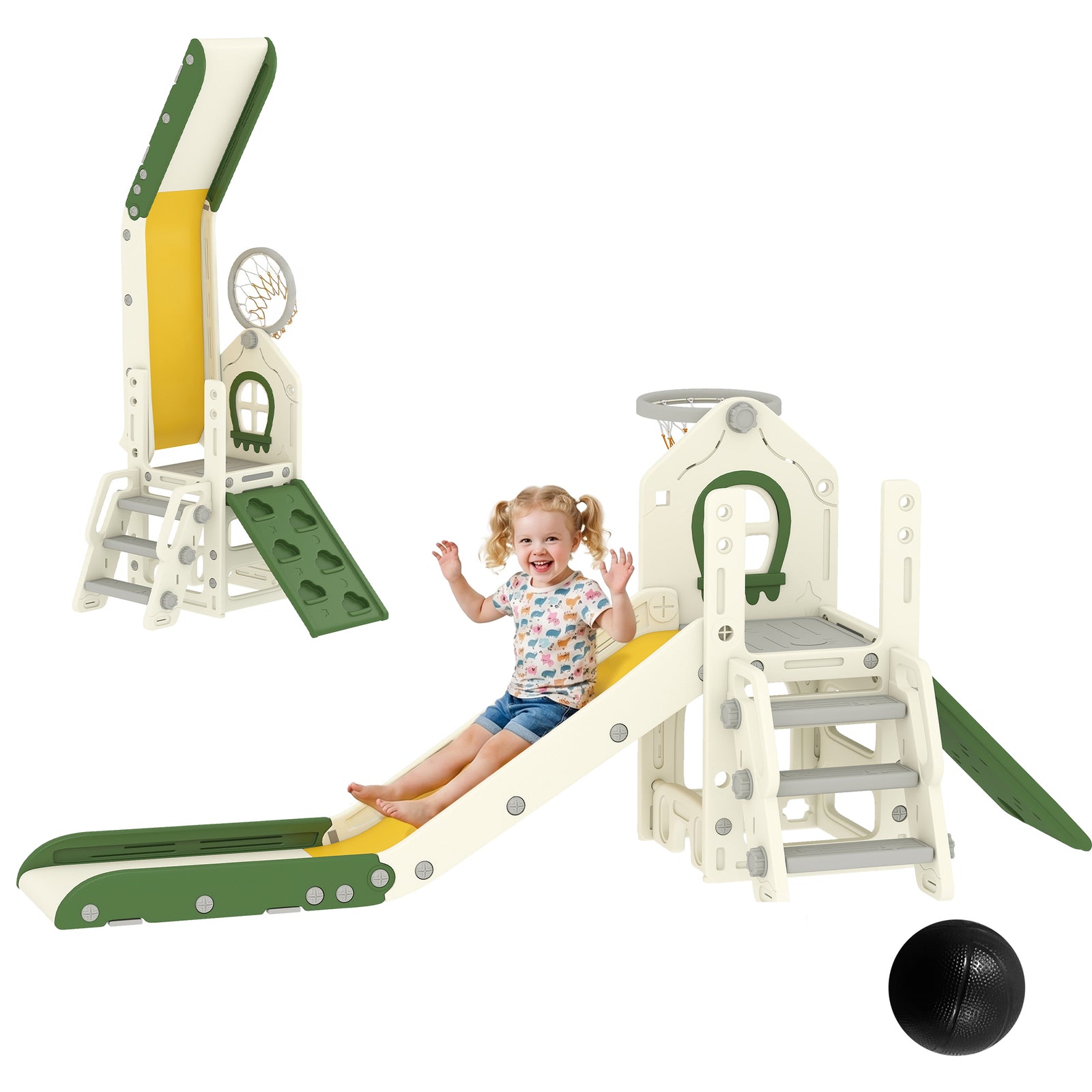 AIYAPLAY Foldable 5 In 1 Kids Slide With Climber And Basketball Hoop, Cream