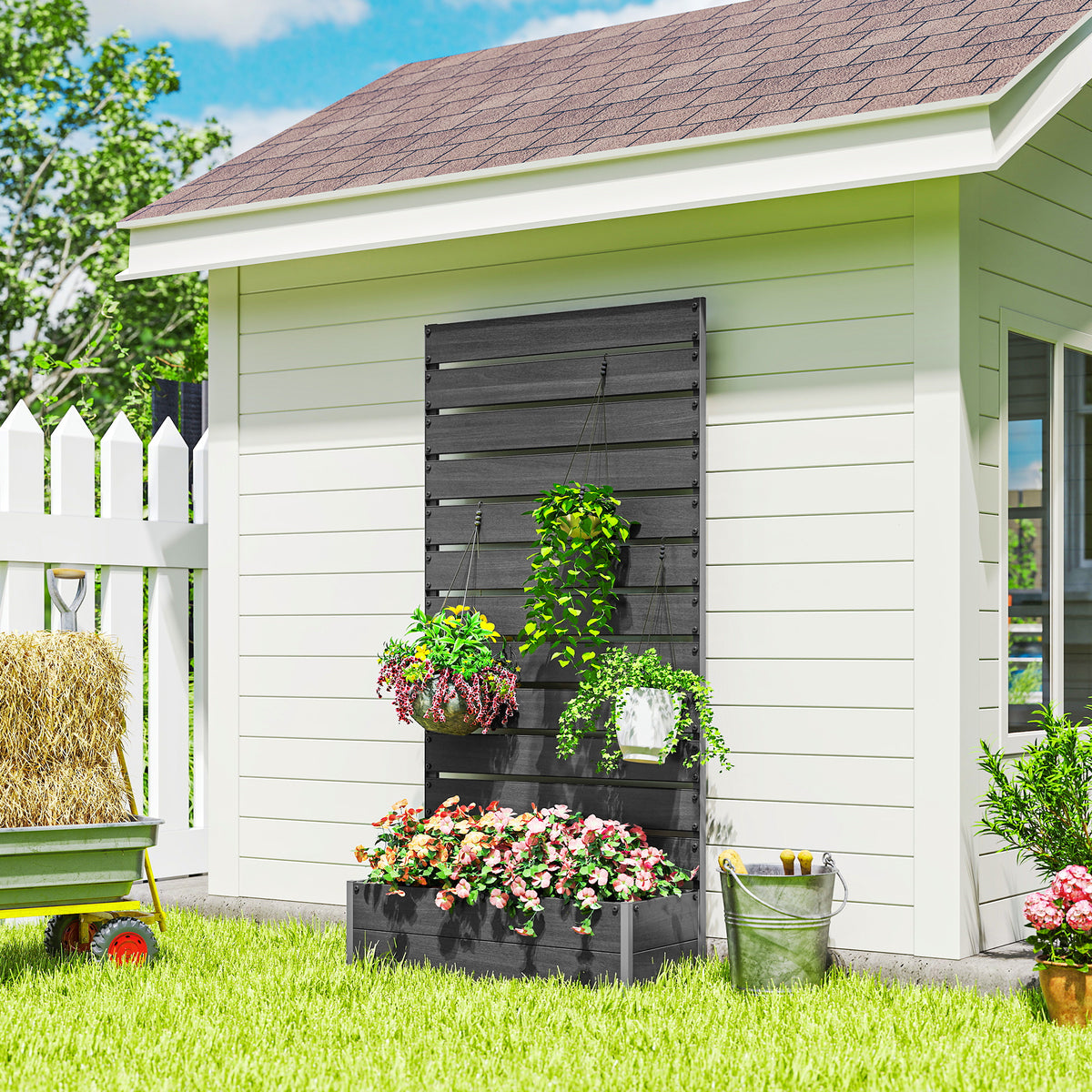 Outsunny Raised Garden Bed With Trellis Standing Patio Planter Box Black