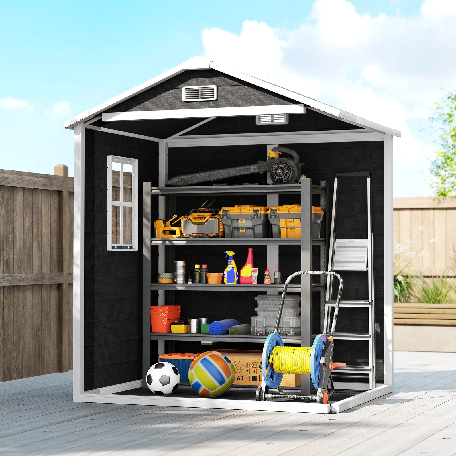 Garden Shed 6'x4.5' Plastic Tool Storage House W/ Lockable Double Doors | Black