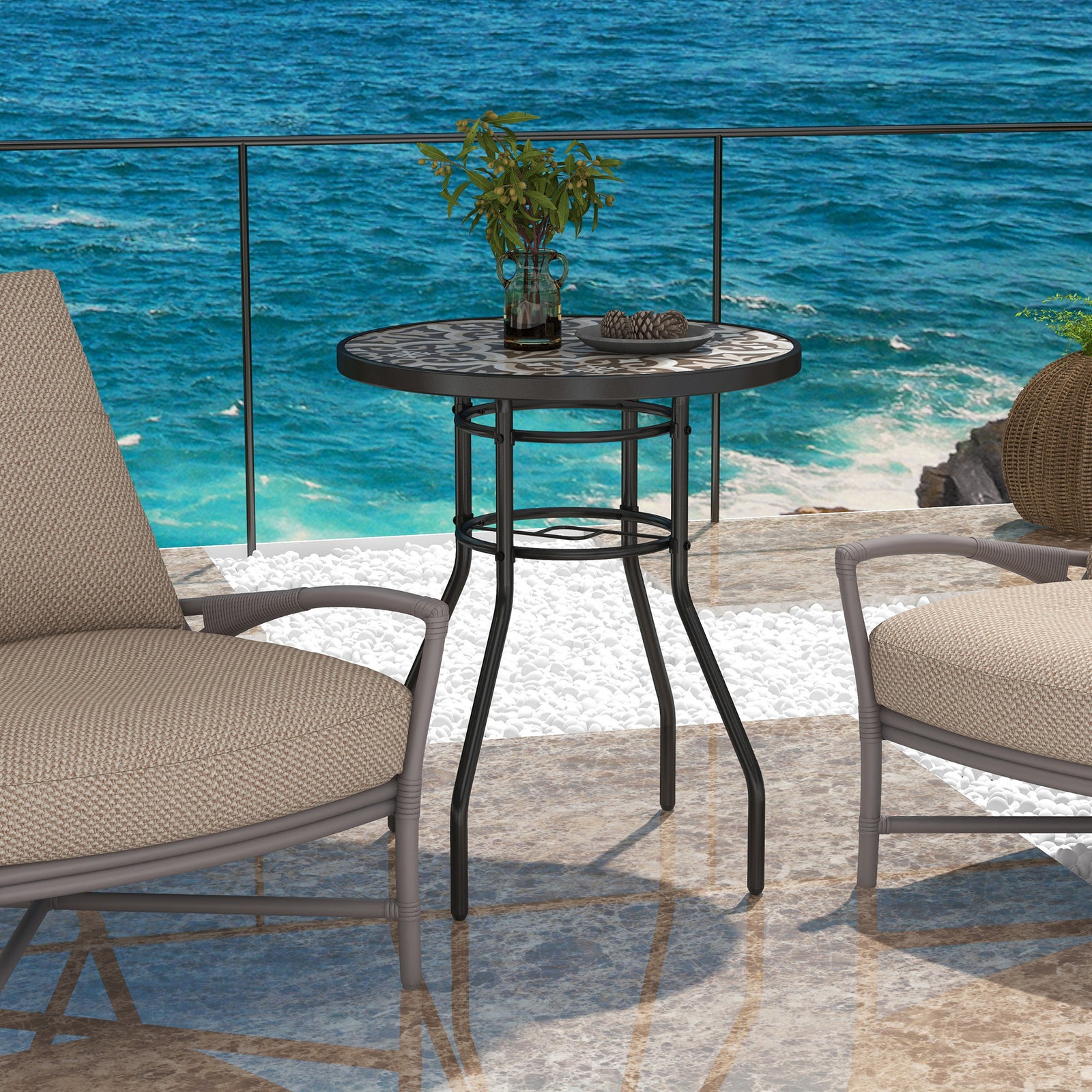 Garden Table W/ Tempered Glass Top, Steel Frame | Tan