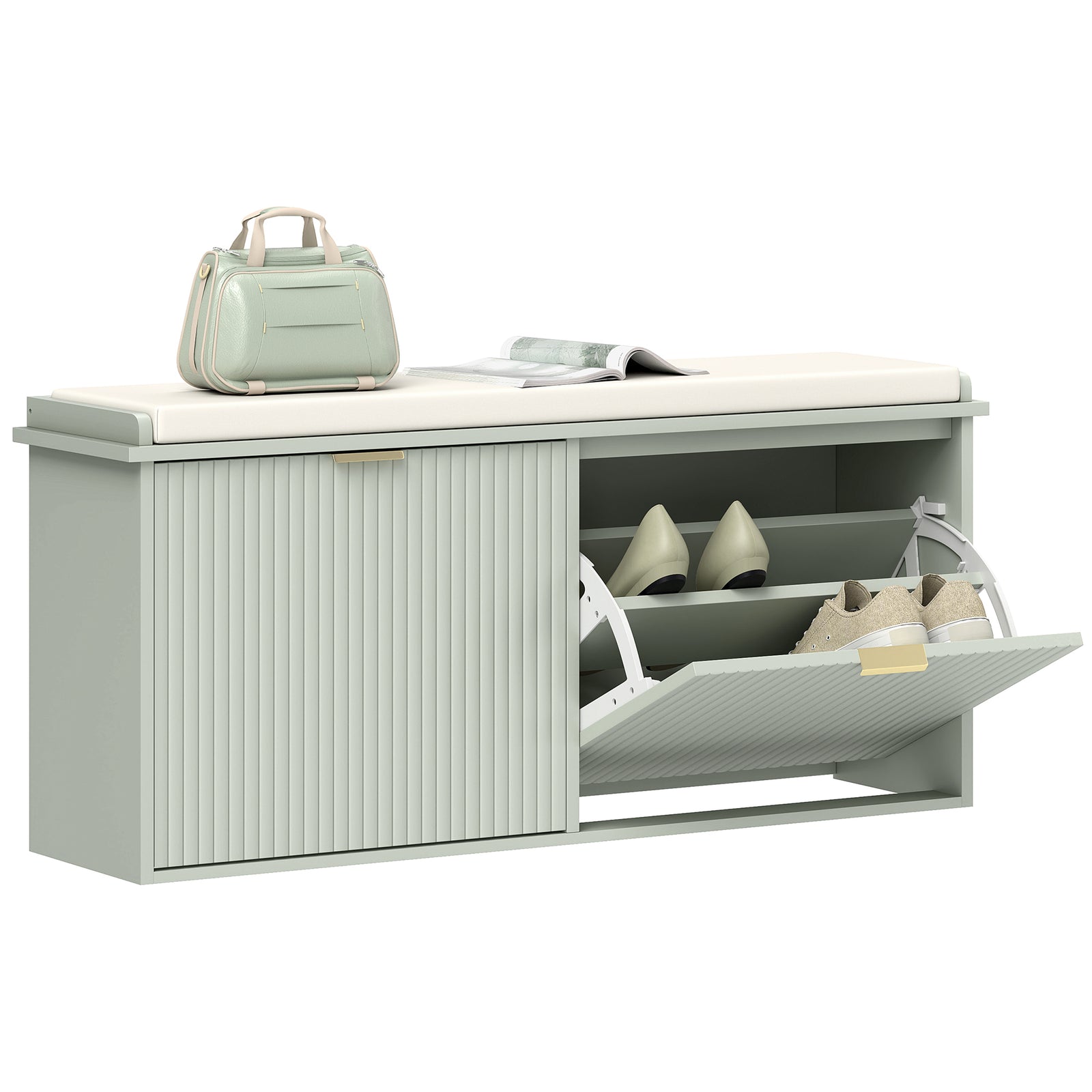 Shoe Storage Bench With Cushion And Flip-drawer | Large | Green