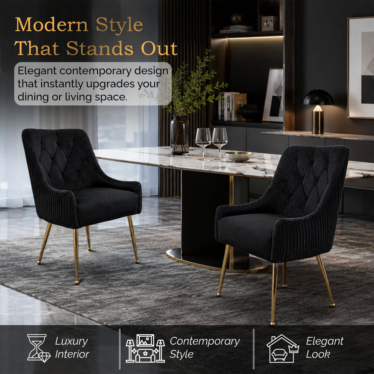Dining Chairs Upholstered Tufted Velvet Kitchen Chairs | Set of 2 | Black