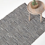 Black & White Real Leather Handwoven Striped Block Check Rug | 120cm x 180cm | Black & White