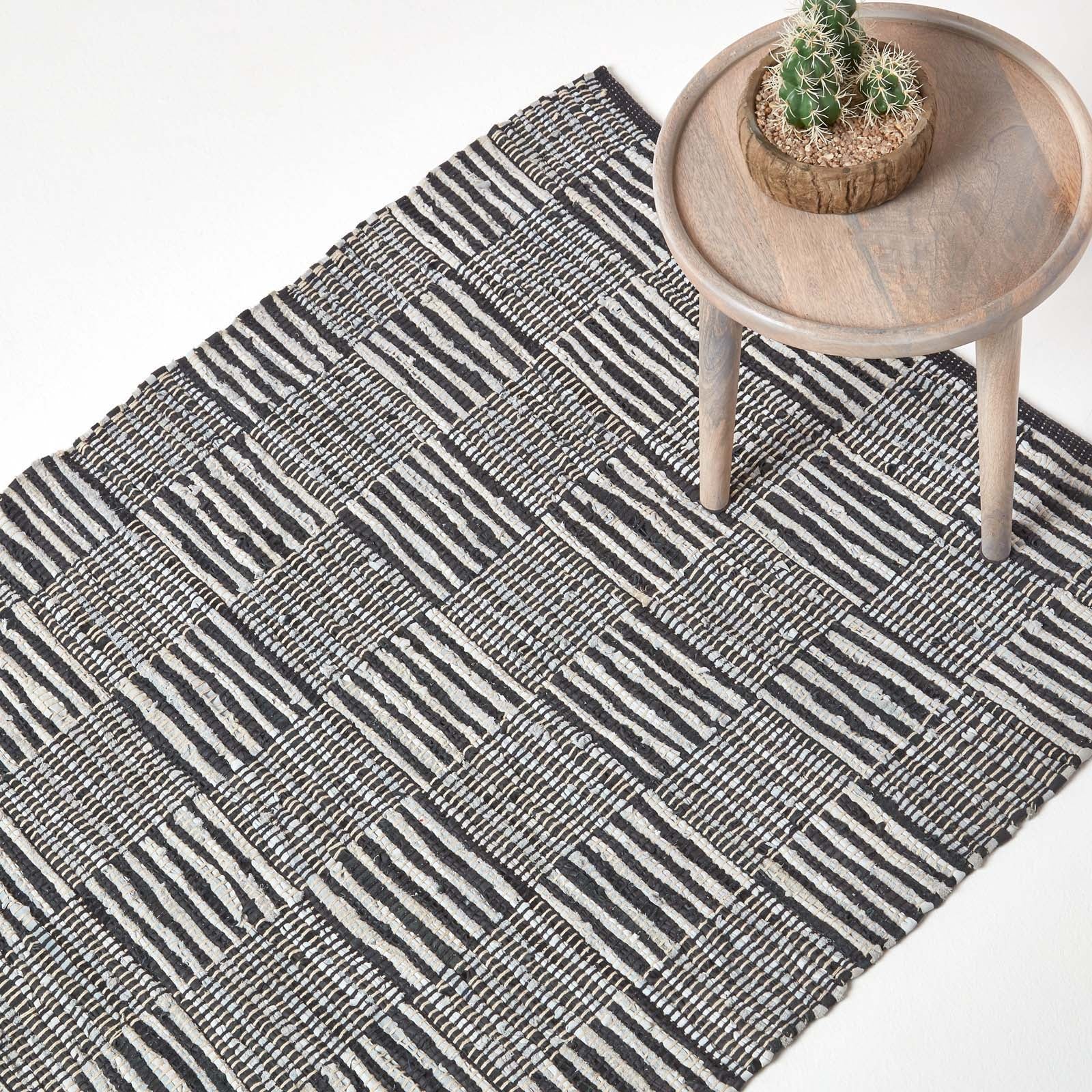 Black & White Real Leather Handwoven Striped Block Check Rug | 120cm x 180cm | Black & White