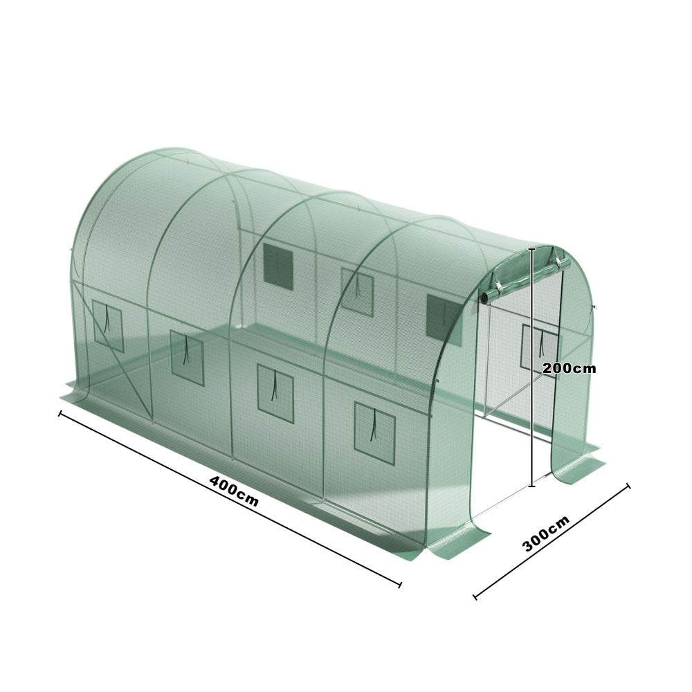Outdoor Walk-in Tunnel Greenhouse With Heavy Duty Steel Frame & Roll-up Door | 4 x 3 x 2m | Green