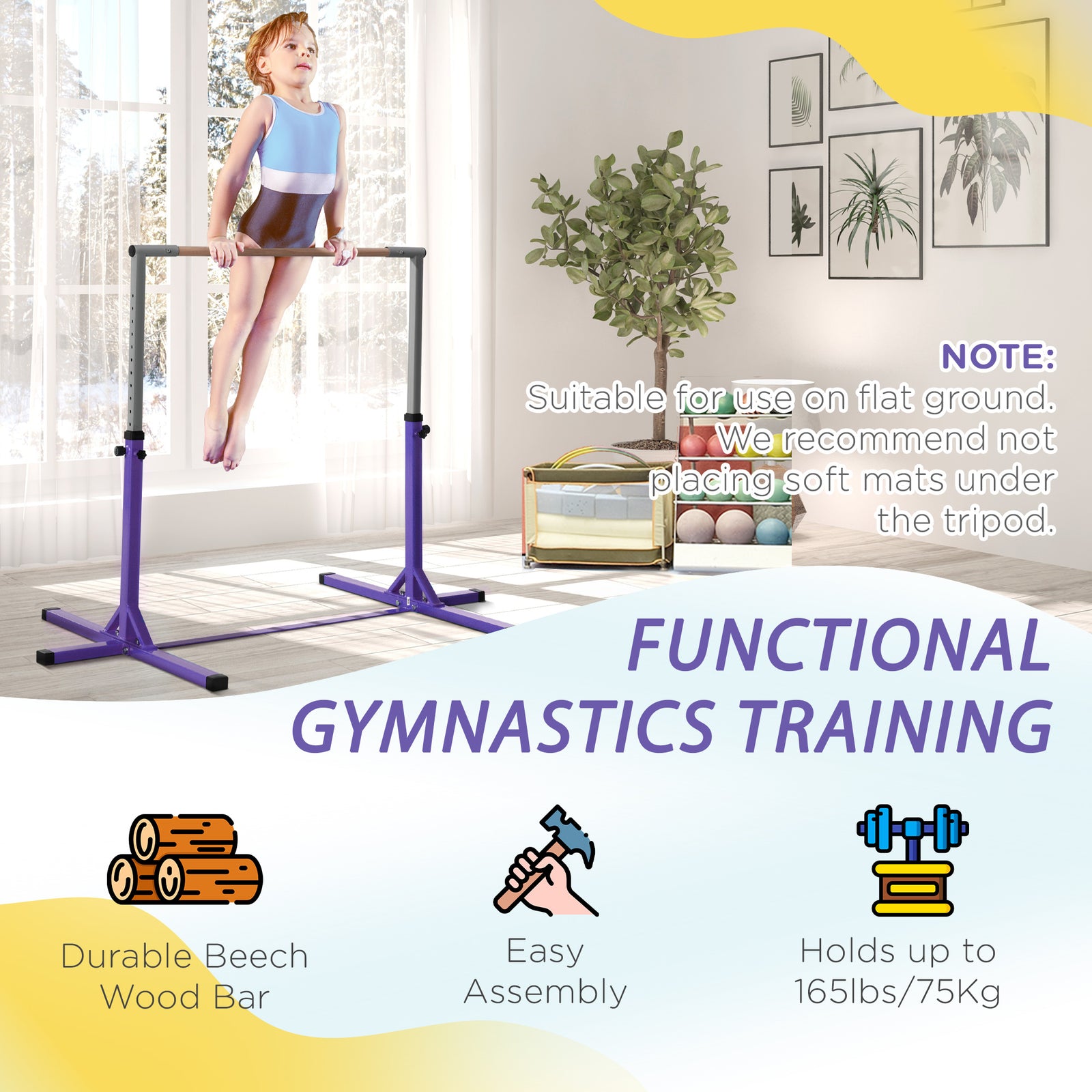 Adjustable Kids Gymnastics Bar Horizontal Training Steel Frame Wood | Purple