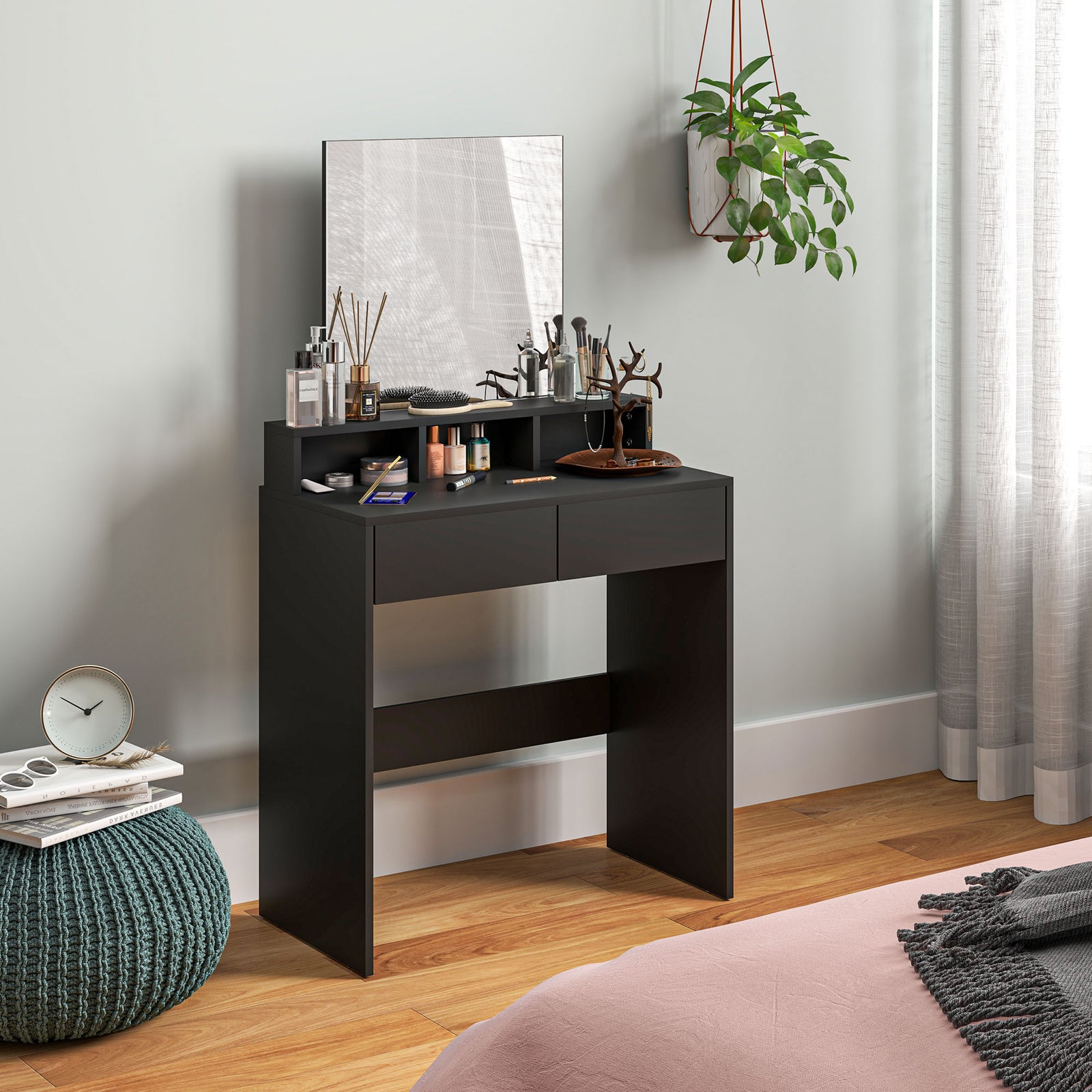Dressing Table With Mirror, Drawers, For Bedroom, Black