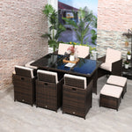11 Pieces Rattan Dining Set Cushion Footrest Garden Wicker | Brown