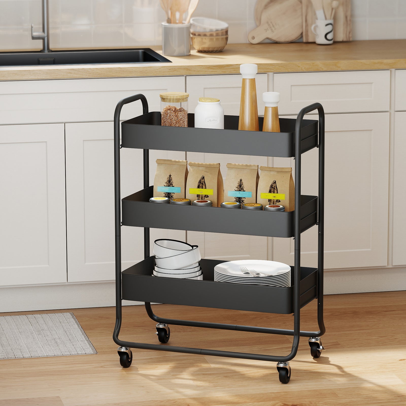 3-tier Storage Trolley, Storage Cart With Mesh Backets, Wheels | Black