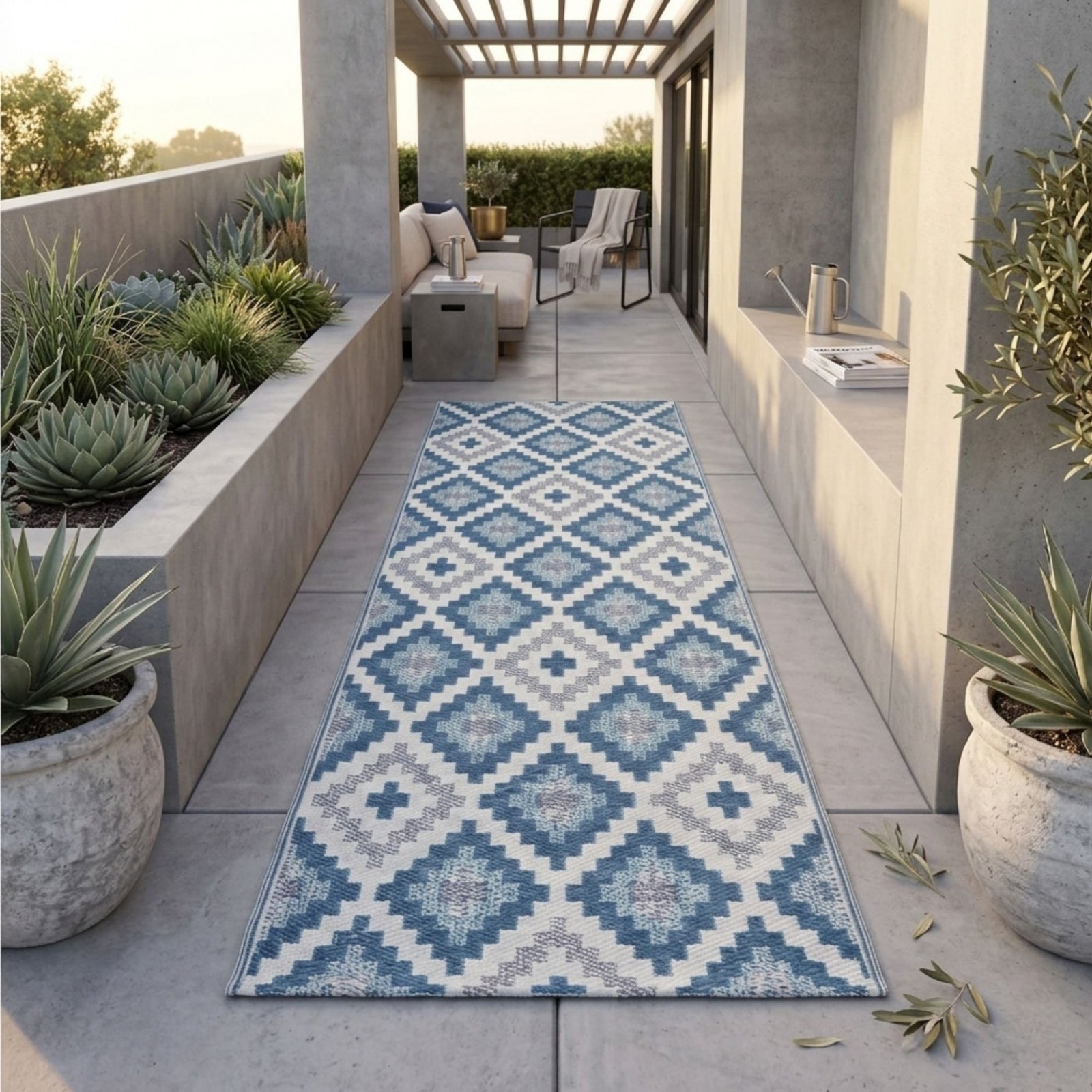 Luxury Outdoor Rug Waterproof Reversible For Garden Patio 100% Recycled, Blue Mia Aztec | 75cm x 200cm | Blue