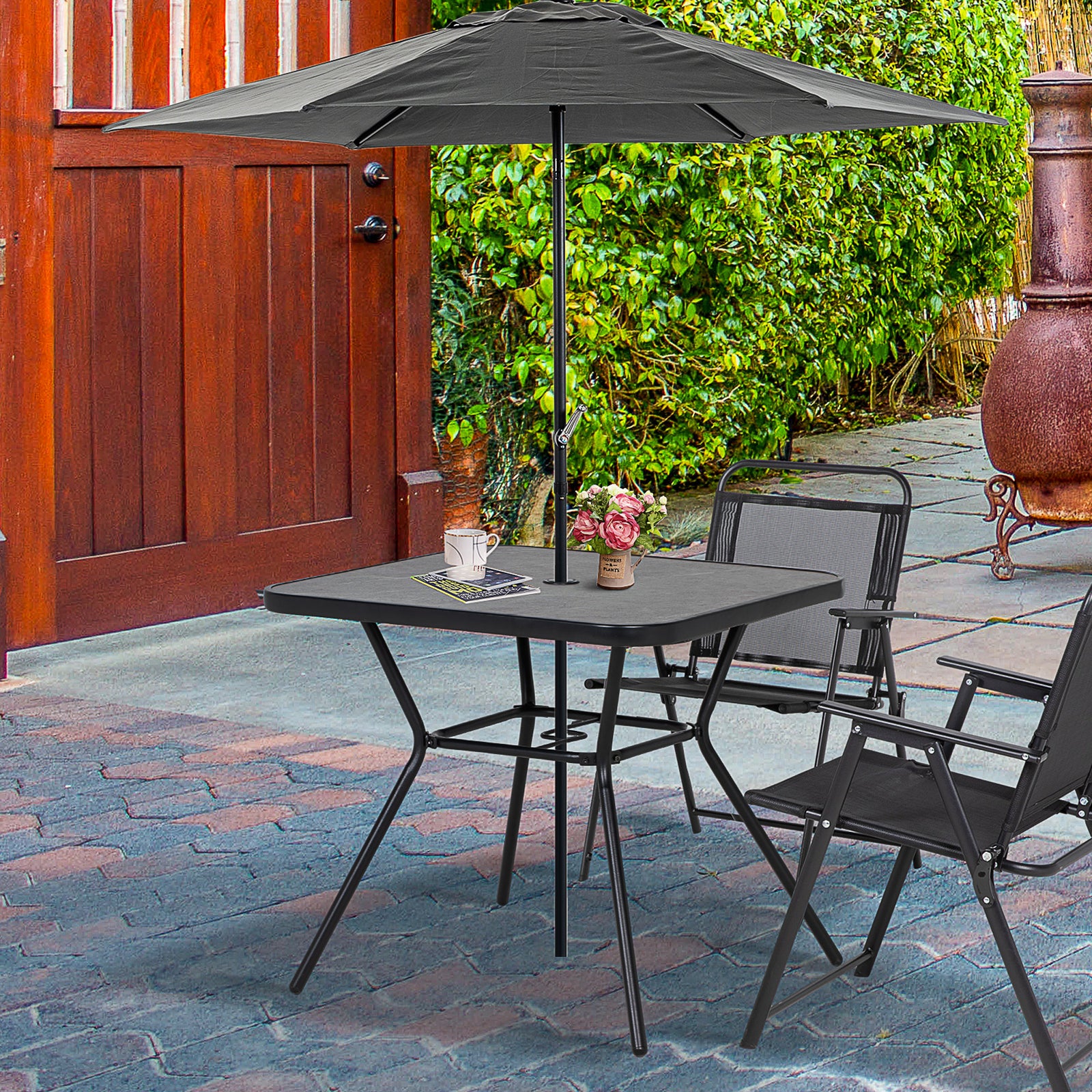Outdoor Garden Table W/ Faux-marbled Top, Umbrella Hole