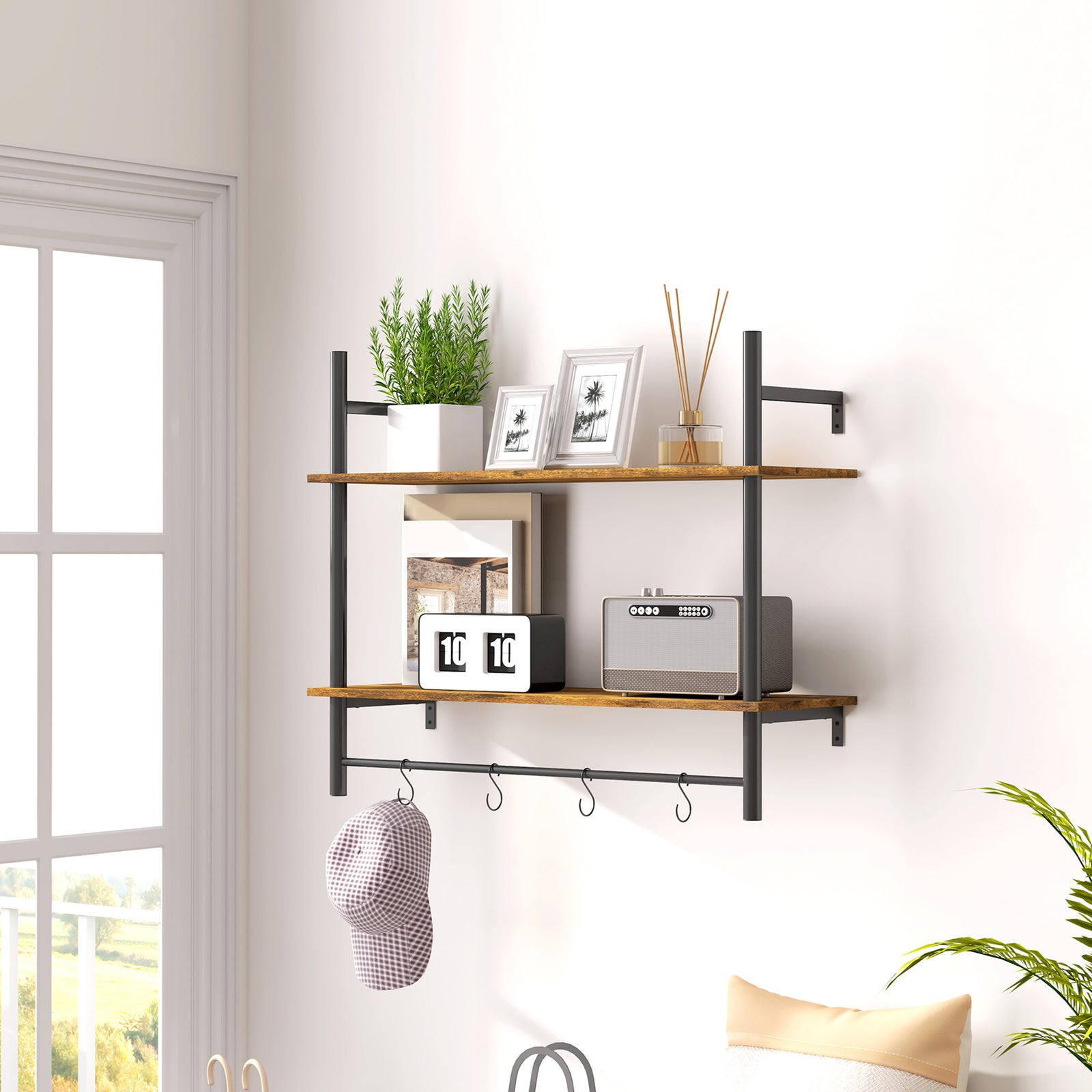 Wall Shelf Unit With 4 Hooks For Living Room, Entryway | One Size | Brown