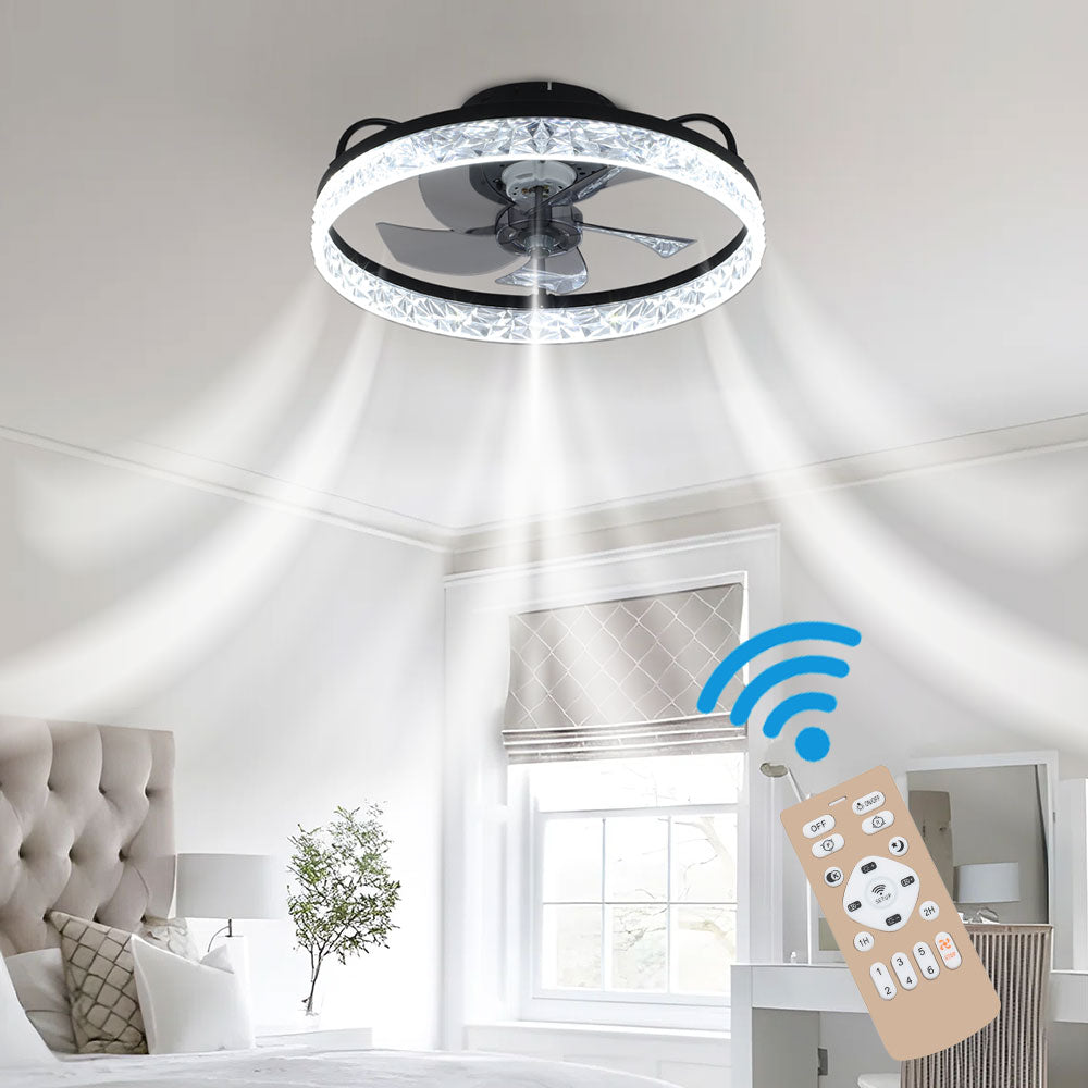 Modern Gold/black Crystal Ceiling Fan Light 48cm 30w Led With 3-color Dimming, 6-speed, 2.4g App Control, Reversible Rotation & Sleep Timer | Black
