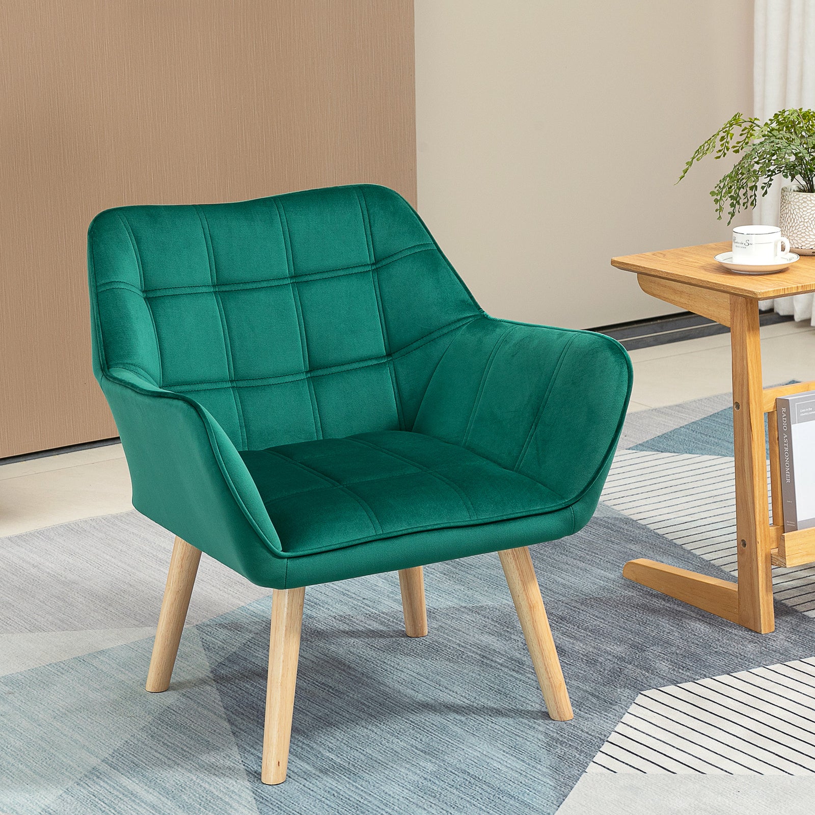 Velvet-feel Accent Chair With Arms Slanted Back Wood Legs | One Size | Green