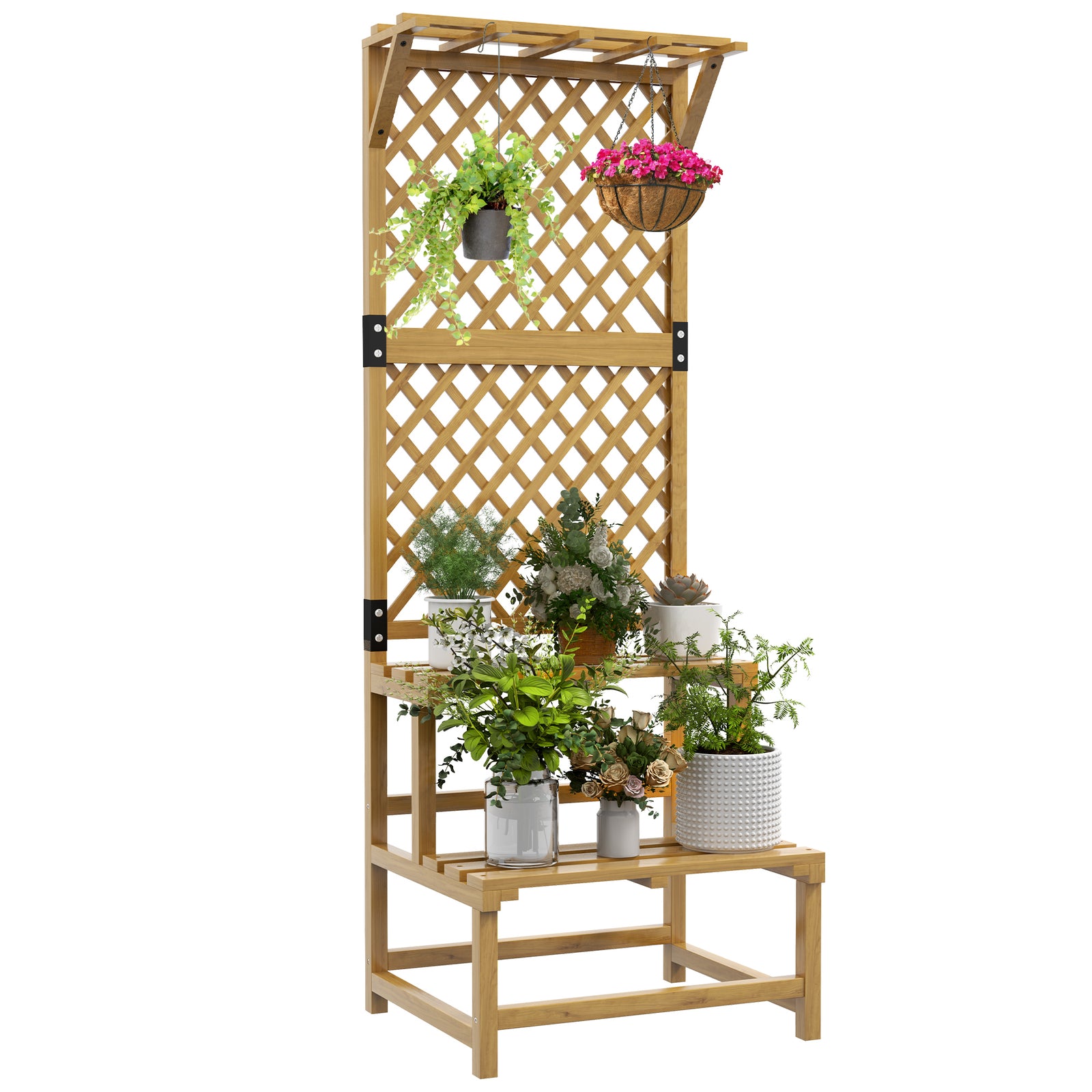 2 Tier Wooden Plant Stand With Trellis, Garden Bed | Yellow