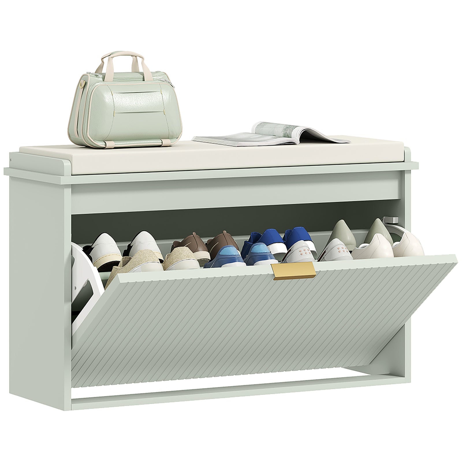 Shoe Storage Bench With Cushion And Flip-drawer | Medium | Green