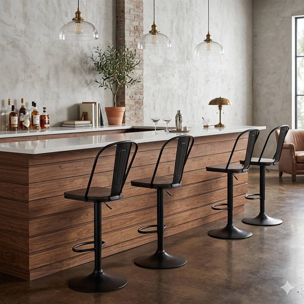 Set Of 2 Industrial Bar Stools Adjustable Height 360° Swivel Counter Chairs High Back