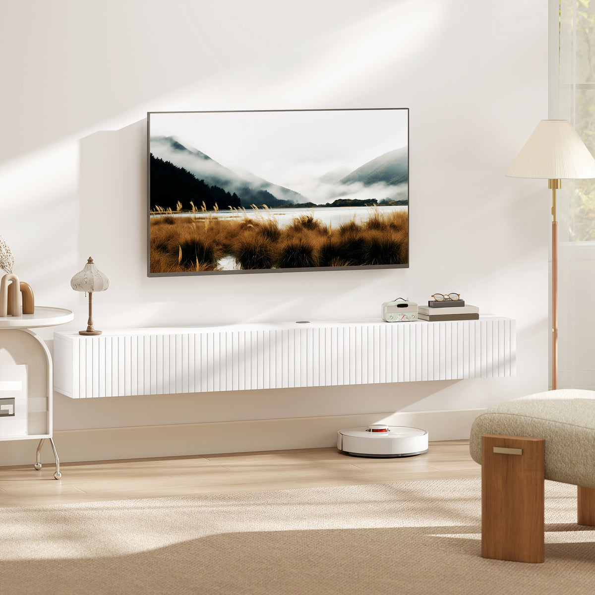 Wall Mount Tv Stand Cabinet With Fluted Flip-down Doors | White