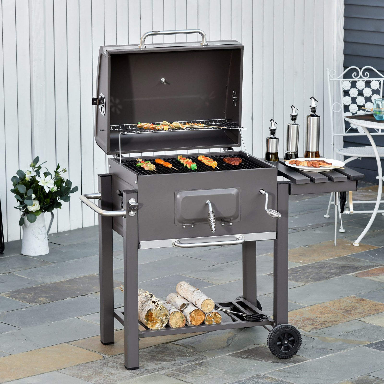 Bbq Trolley W/ Adjustable Charcoal Grate