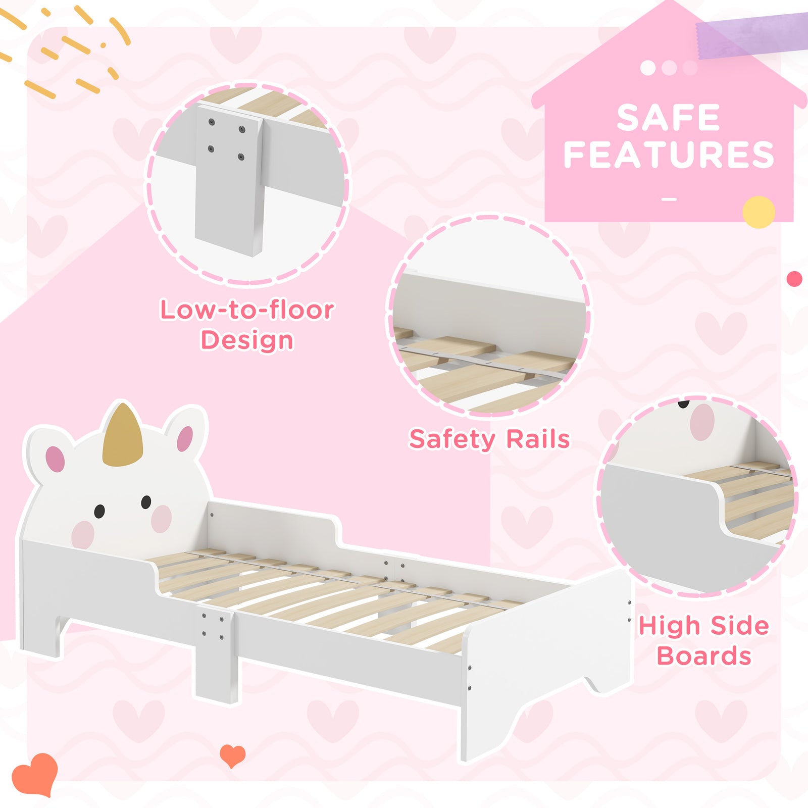 Unicorn-designed Toddler Bed Frame, For Ages 3-6 Years, 143 X 74 X 67cm - White | White
