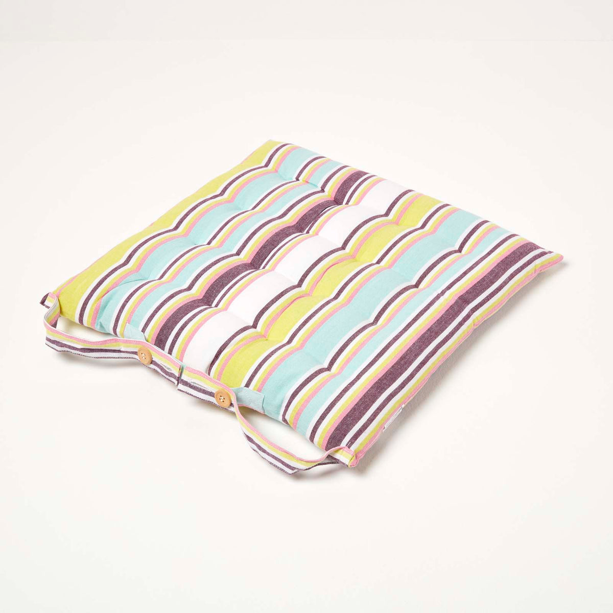 Striped Seat Pad With Button Straps 100% Cotton, 40 X 40 Cm | Set of 4 | Osaka Green